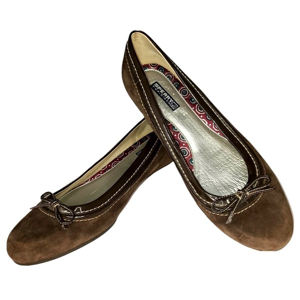 Sperry Top-Sider Women's Brown Suede Round Toe Wood Wedge Bow Trim - Size 8.5M
